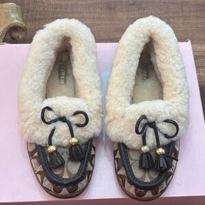 Coach Cream Shearling Trim Signature Logo Moccasins